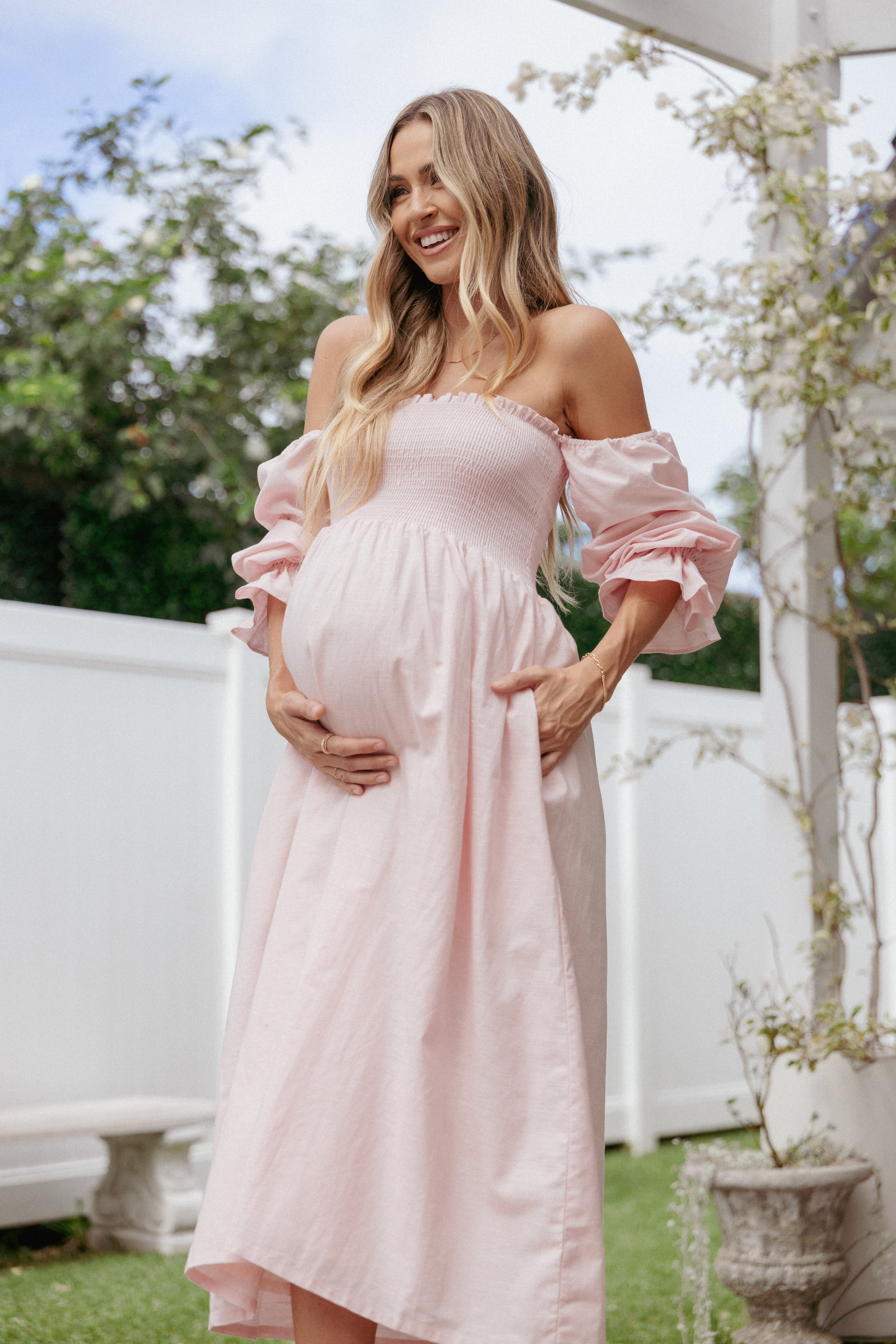 Domenica Shirred Long Sleeve Midi Dress - Pink