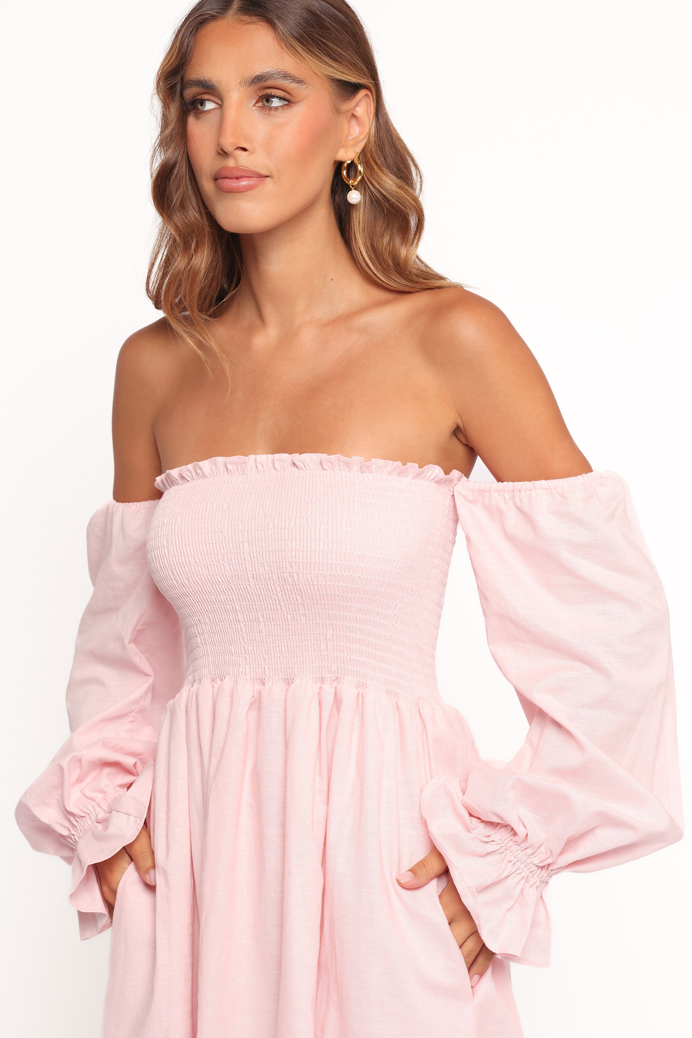 Domenica Shirred Long Sleeve Midi Dress - Pink